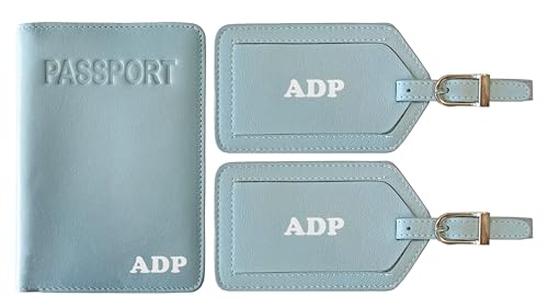 Personalized Monogrammed Chambray Leather RFID Passport Cover Holder and 2 Luggage Tags