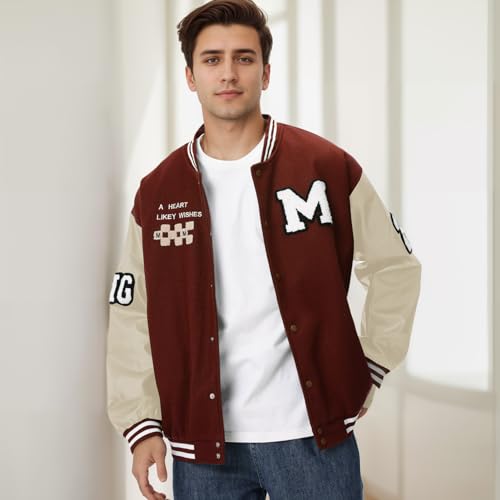 Image of Mens Varsity Jacket Baseball Bomber Jacket Vintage Unisex Streetwear Coats with Patchwork Hipster Utility Tops