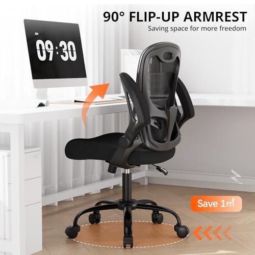 Office Chair, Ergonomic Desk Chair Breathable Mesh Chair with Adjustable High Back Lumbar Support Flip-up Armrests, Long Hours Comfortable Computer Chair for Home Office, Black - Image 6