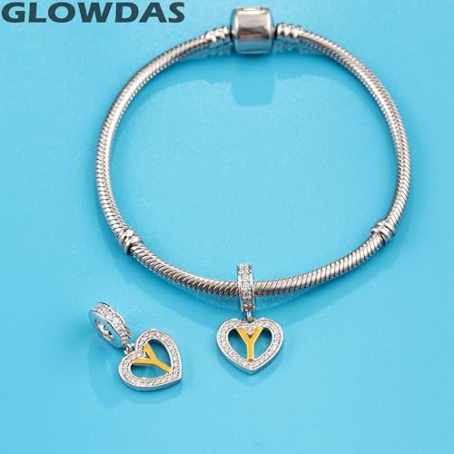 Image of GLOWDAS 18K Gold Plated Letter Charms Initial A to Z Necklace Pendant, 925 Sterling Silver CZ Heart Dangle Alphabet Beads fit European DIY Bracelet, Gifts for Valentiens /Christmas /Family