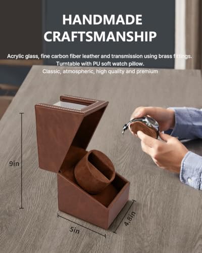 Image of Watch Winder for Automatic Watches: Automatic Single Watch Winder Box | Japanese Quiet Motor, Anti-Magnetic Design, USB-C or Battery Power, Adjustable Pillow, Brown PU Leather, Gift for Men