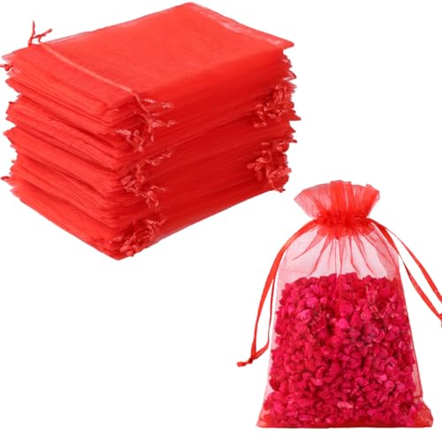 Image of Hopttreely 100pcs Organza Bags, 4 x 4.72 inches Red Christmas Wedding Favors Christmas Gift Drawstring Bags Jewelry Pouches