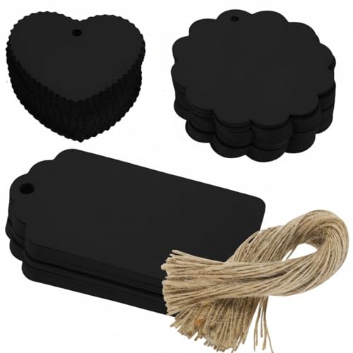 Image of CVANU Writable Black Gifts Tag Multi-Purpose Blank Hanging Tags with Jute Strong Twine for Wedding| Parties| Craft Decoration (6x6cm) (200pcs)