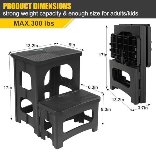 Folding 2-Step Stool for Adults Kids Non-Slip Collapsible Portable Step Stool for Kitchen Home Toilet Bedroom Office Bathroom Rv,Holds 300 Lbs(Black) - Image 3