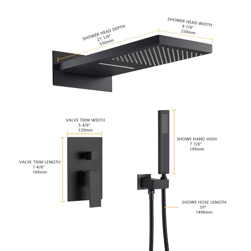Cascada 9”x22” Luxury Shower system (Montaje en pared) con válvula de un solo mando, 3 funciones (Lluvia, Cascada y Ducha de mano) (Negro Mate) miniatura 2