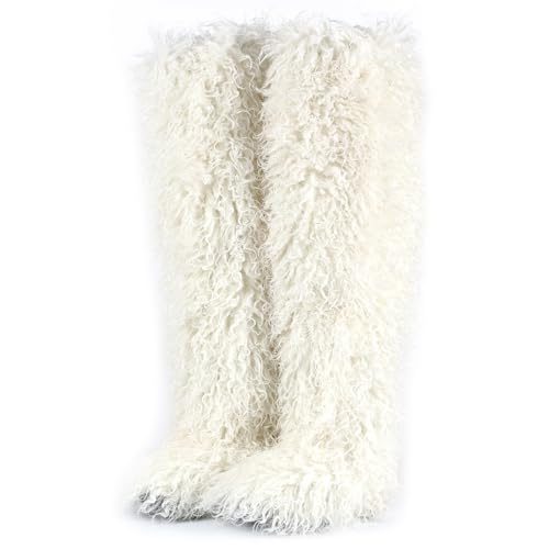 conmfotey Over the Knee Boots for Women 29 inchs Faux Fur Boots Flat Thigh High Boots(white8)