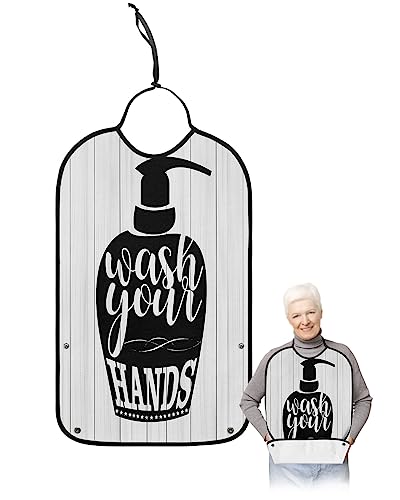 LEOKOTI Bathroom Bottle Adult Bibs for Eating, Waterproof Bibs with Food Catcher & Adjustable Snap Closure, Black Wash Your Hands Wood Washable Clothing Protectors Adult Bibs for Elderly Women/Men