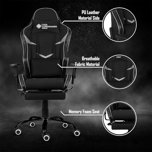 Image of Casa Copenhagen Racing, High-Back Italian, Gaming Ergonomic Chair with Advanced Mechanism & Electric Back Massager, Luxurious Memory Foam Seating & Multi Function Arm-Rest - Grey & BlackMint