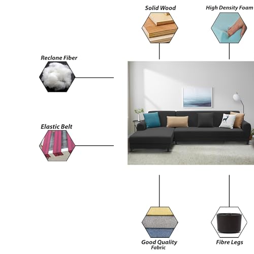 Image of Kraven LHS 6 Seater L Shape Sofa Set for Living Room (Black Fabric) Premium Fabric Sofa
