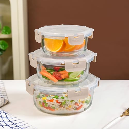 Image of Nestasia Nestro Airtight Glass Containers with Lid Set of 3 (400ml, 600ml, 950ml) | Spill Proof Round Glass Containers with Break Free Lock - Microwave, Dishwasher & Freezer Safe (Beige)