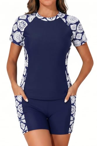 Image of Daci Short Sleeve Rash Guard 2 Piece Swimsuits with Bord Shorts | Sun Protection,Two Pockets,Clolor Block,High Waisted Short,High Neck,Quick Dry