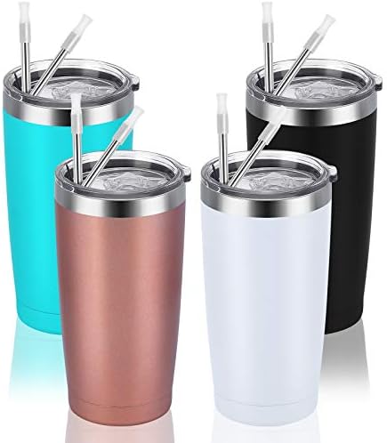 4 Pack Travel Tumblers with 8 Lids, Stainless Steel Double Wall Vacuum Travel Tumbler for Home School Office Camping, Insulated Tumbler Works Good for Ice Drink Hot Beverage(20oz, Assorted Colors)