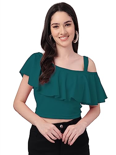 Image of Mehrang Women's Casual Solid Flared Crop Top Round Neck Stretchable Blend for Women /Top for Girls