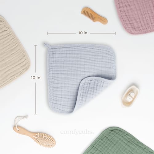 image for Comfy Cubs Muslin Baby Washcloths 10 Pack - Soft 6-Layer Cotton Wash C