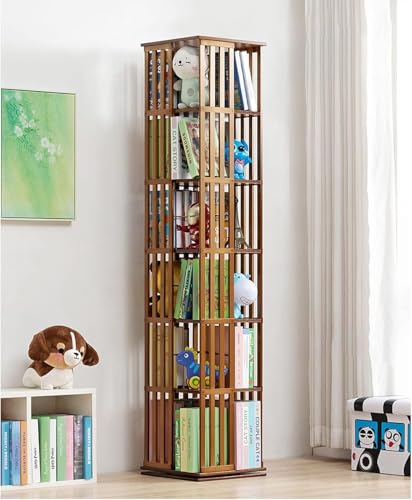 Image of 360 Rotating Bookshelf - Bamboo Storage Display Rack | Open Design Shelving for Living Room, Study Room, Office | Standing Shelves Size - 72'' x 18'' x 18'' Inch