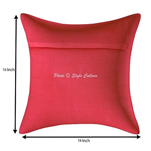 Image of Decorative Brocade Cushion Cover 16x16 Inch Banarasi Jacquard Weave Living Room Decor Magenta & Gold Peacock Traditional Square 40x40 cm Zippered Sofa Settee Pillowcase -1 Pc