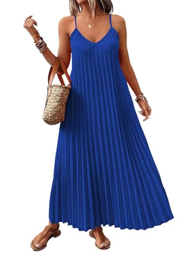 Image of Women's Summer Casual V Neck Sleeveless Strappy Pleated Flowy Loose Maxi Long Beach Dress