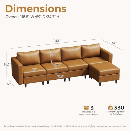 Image of ABCASA 118.5 inch Faux Leather Modular Sectional Sofa, L Shaped Couch Set for Living Room, 5-Seater Comfy Cloud Couches with Movable Storage Ottoman Brown