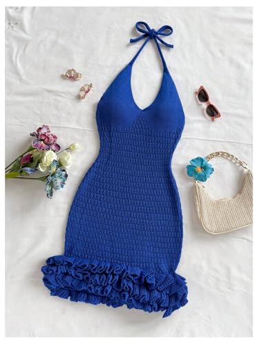 Image of GORGLITTER Women's Vacation Outfit Crochet Halter Knit Bubble Mini Dress Sexy Beach Cruise Summer Miami Resort Outfits