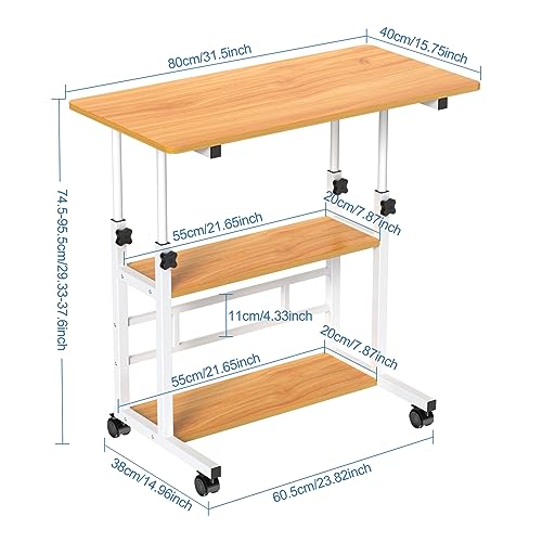 Image of PIPIPOXER 80 cm x 40 cm Computer Desk with Wheels, Laptop Table, Height Adjustable 74.5-95.5 cm, Small PC Table, Computer Desk, Standing Table, Mobile with 4 Wheels and 2 Shelves, Dark Wood