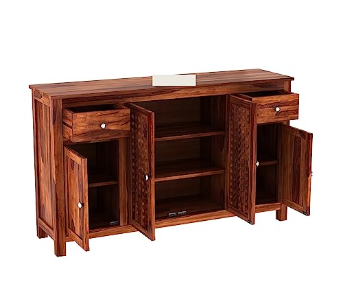 Image of Solid Sheesham Wood Wooden Sideboard Storage Cabinet & Chest of Drawer : Ideal for Living Room and Bedroom with 2 Drawers and 4-Shelf Storage (Mendes, Honey Finish)