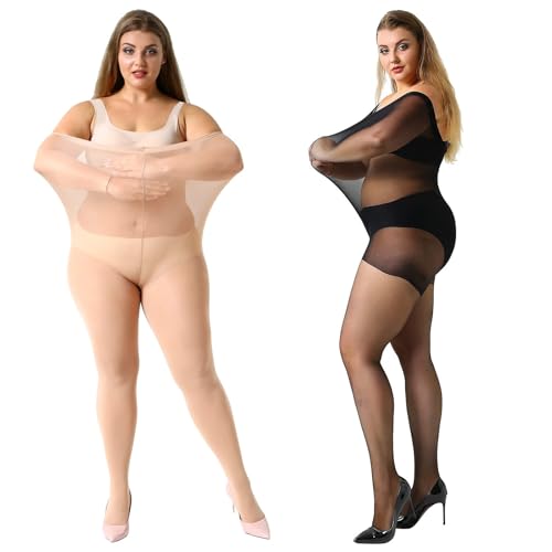 MANZI Women's 2 Pairs Plus Size Control Top Tights Ultra-Soft Panty Hose X-Large 1 Pair Black, 1 Pair Natural Nude (20den Sheer)