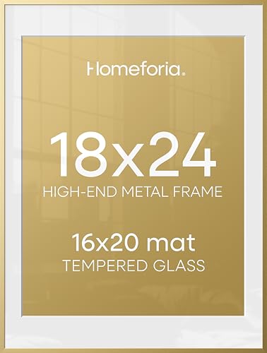 Image of Homeforia 18 x 24 Poster Frame Gold, High End Metal 18x24 Picture Frames with Mat 16x20 Photo, 18 x 24 Gold Frame Matted to 16 by 20 Print, 24x18 Thin Hanging Frame, Tempered Glass, Wall Kit, Set of 3