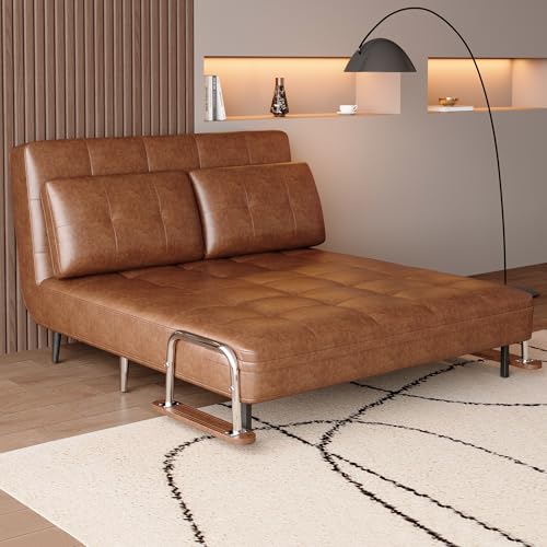 KAANAA schlafsofa mit brauner Lederoptik – Modernes Schlafcouch mit Schlaffunktion und Klappmatratze, vielseitig für Wohnzimmer, Schlafzimmer & kleine Räume (150 cm)