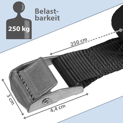 Zurrgurt Spanngurte | TÜV geprüft | Befestigungsgurt Spanngurt Klemmverschluss | Belastbar bis 250 kg | Schwarz | diverse Längen Stückzahlen - 4er Pack 2.5 cm x 2.5 m