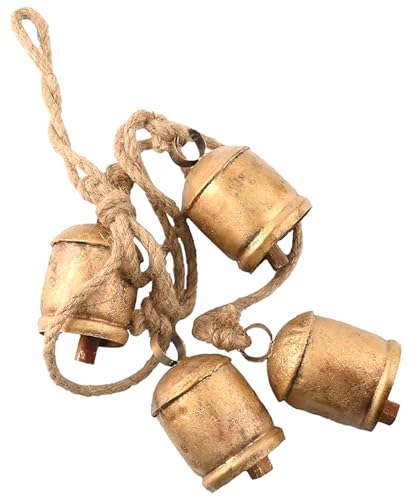 ZIG ZAG Vintage Gold Cluster Cow Bells on Rope (Pack of 4) Handmade Harmony Rustic Bells for Hanging Decor for Wall, Bedroom, Living Room, Door, or Christmas Tree Crafts - 4-Inch, Gold