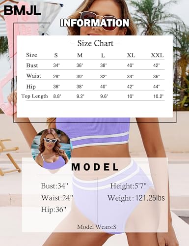 Image of BMJL Women's High Waisted Bikini Ribbed Two Piece Swimsuit High Cut Color Block Adjustable Straps Bathing Suit