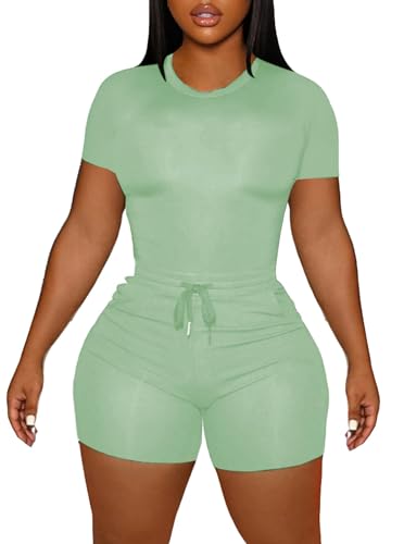 LovelyWholesale Women's Summer 2 Piece Outfits Skinny Shorts Tracksuit Sets Green N Large