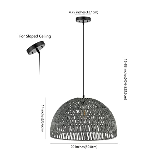 Image of JONATHAN Y 20 inch Gray Modern Bohemian Woven Rope LED Pendant Light Fixture, Adjustable Dome Ceiling Lamp for Kitchen Island, Rope Shade, Coastal Farmhouse Decor (JYL6504D)