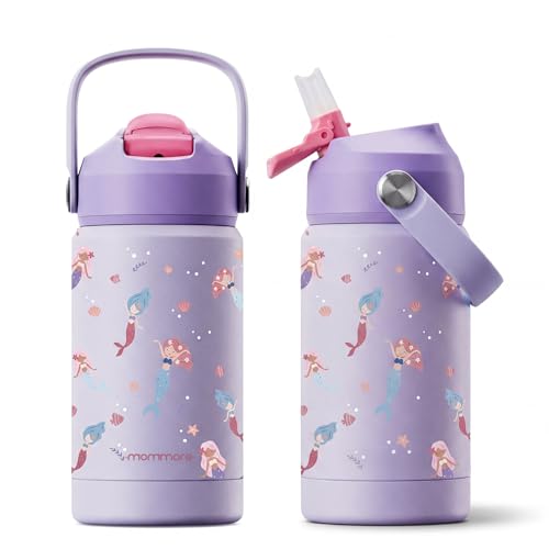 Mommore Kids Insulated Water Bottle with Soft Rubber Handle 12oz Stainless Steel Thermos with Straw Lid Leak Proof Easy to Clean Design Vacuum Small Canteen for School Boys Girls Mermaid-1 Pc