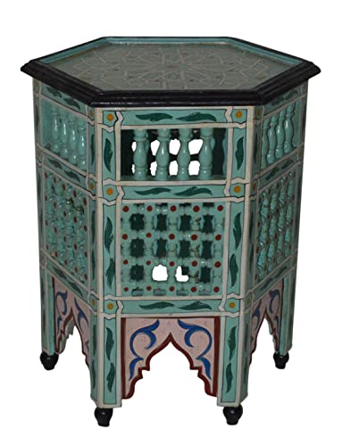 Painted Wood Moroccan Wood Side End Table Corner Coffee Handmade Hand Painted Moorish Moucharabi Light Blue #TOP2