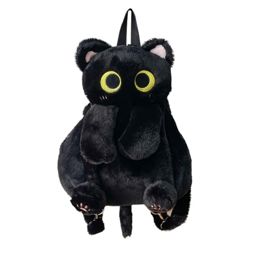 CHUNLINLAODA Plüschtier Katze Rucksack, Damen Schwarze Katze Plüsch Rucksack, Niedliche Schultasche, Plüsch Schultasche in Katzenform für Handy Snack Kosmetik (Schwarz)