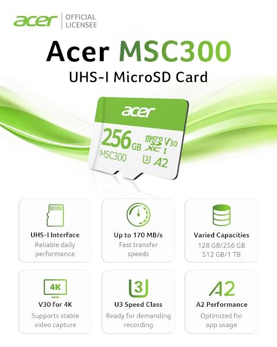 Image of Acer MSC300 Micro SD Memory Cards, 256GB SDXC TF Card 160MB /s UHS-I, A2, V30, 4K Extra Storage for Nintendo-Switch, Android Phones, Gopro, Amazon Fire Kids Tablet - BL.9BWWA.323