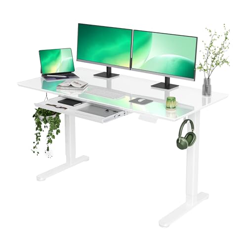 INNOVAR Escritorio de cristal regulable en altura con cajón, escritorio de pie eléctrico con tablero de cristal de una pieza, 140 x 60 cm, asiento de escritorio para ordenador con función de memoria y
