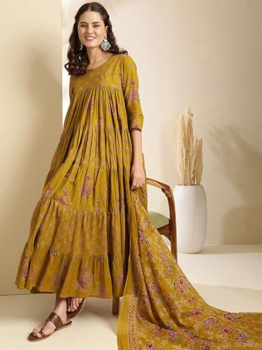 Image of ANNI Designer Viscose Blend Kurta for Women | Kurti Set Woman | Anarkali Kurta with Pant & Dupatta | Black Floral Hand Block Printed Suit | Ethnic Indian Outfit Party Office Traditional Fashion Wear