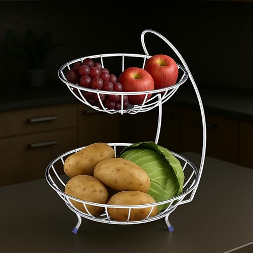 Image of Plantex Fruit Basket for Dining Table /2- Tier Stainless Steel Fruit Storage Basket Stand for Kitchen /Fruit And Vegetable stand for Kitchen(Chrome Finish)