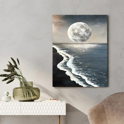 Peinture à l'huile vagues de l'océan noir et blanc lune sur toile 70x100cm