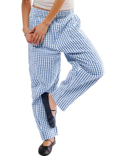 Image of PEHMEA Cotton Gingham Boxer Pants for Women Casual Plaid Harem Trousers Y2K Beach Lounge Bottoms with Pockets