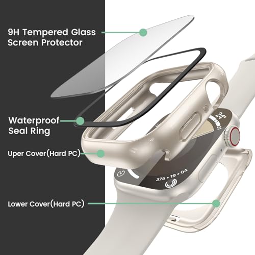 Image of 3 in 1 Goton Waterproof Hard Case for Apple Watch Screen Protector 45mm, 360 Slim Full Protective Tempered Glass Face Cover + Back Hard PC Bumper for iWatch Series 9 /8 /7, 45mm Starlight