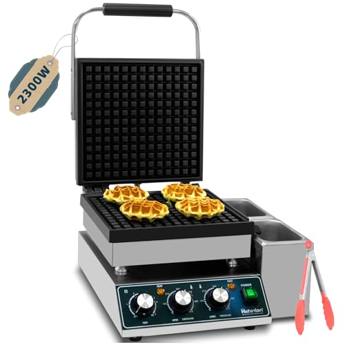 Image of Hehinton® Commercial Waffle Maker, 110V 2300W Belgian Waffle Maker with Oil Grooves and Drip Tray, Heavy Duty Stainless Steel Body, Nonstick Waffle Iron Perfect for Home Kitchen Restaurant