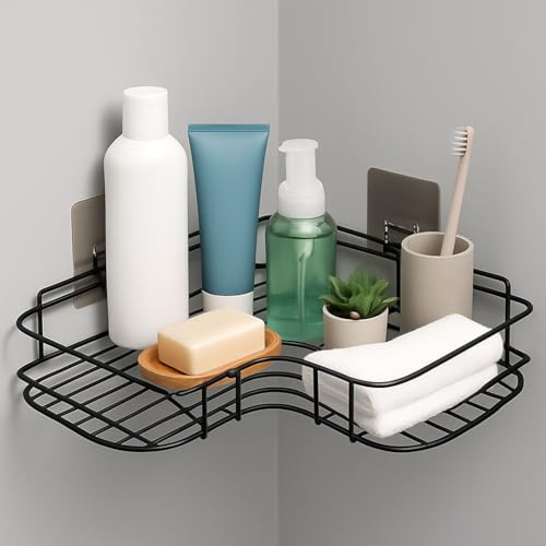 Image of Self Adhesive Bathroom Corner Shelf Without Drill, Stainless Steel Corner Rack, Shampoo Holder, Bathroom Storage Organizer, Waterproof Rustproof (Black, Pack of 1)