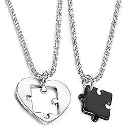 Cadenas De Mejores Amigos Hombre Y Mujer LEEQ Collar de acero inoxidable para parejas con colgante puzzle para hombre y mujer, corazón negro y cadena rolo plateada de 56 cm(2Pcs)