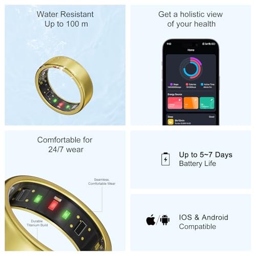 Image of POBOVi Ring OnePlus - Ultra-Thin Titanium Smart Ring - 7 Days Battery Life - Fitness /SPO₂ /Stress /HR /Sleep Skin Temperature Tracker - No App Fee - iOS&Android Compatible (Gold,Size 7)