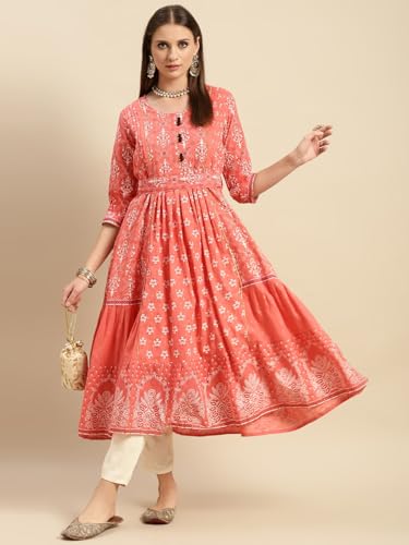 Image of rangita Coral Cotton Calf Length Embroidered Anarkali Kurti for Women | Kurta for Women