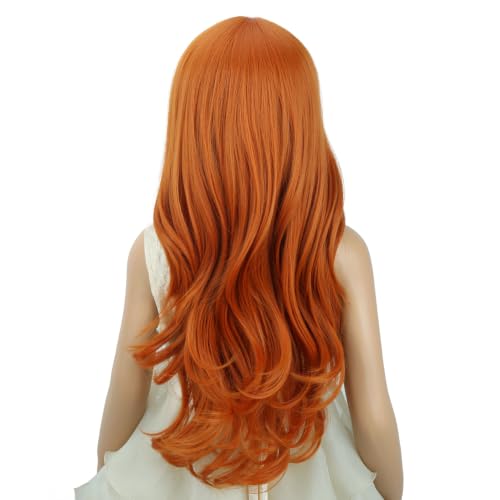 Image of Ginger Wig for Kids Girls Long Ginger Orange Wavy Curly Wig Child Long Orange Part Wigs Heat Resistant Synthetic Wigs with Hairnet
