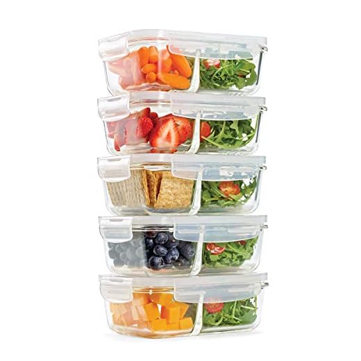 Fit & Fresh Divided, 5-Pack, Two Compartments, Set of 5 Containers with Locking Lids, Glass Storage, Meal Prep Containers with Airtight Seal, 27 oz.